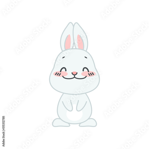 Cute blushing and smiling bunny. Flat cartoon illustration of a shy little gray rabbit isolated on a white background. Vector 10 EPS.