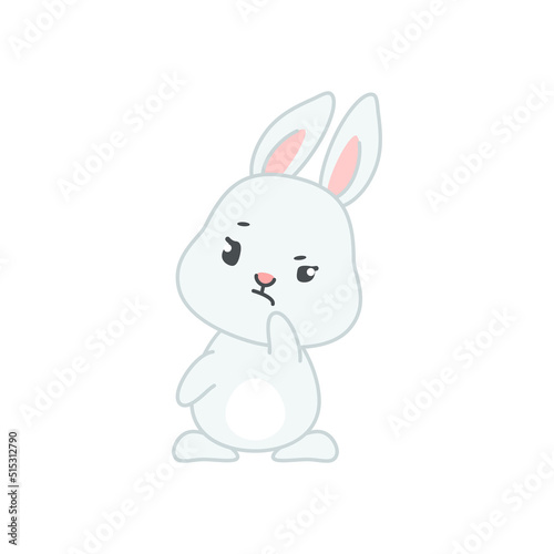 Cute doubting bunny. Flat cartoon illustration of a funny little gray rabbit thinking isolated on a white background. Vector 10 EPS.
