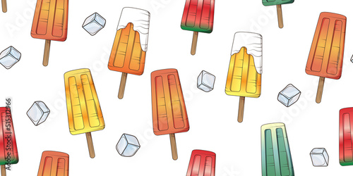 Vector seamless pattern with different fruit ice-creams and ices. Illustration for wrapping paper, packaging design, fabric, textile, cover, card, decoration. Summer holidays, hot weather concept.