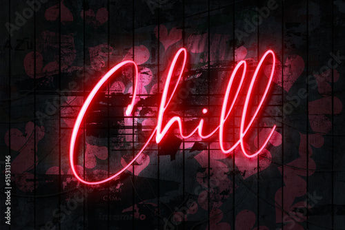 Chill neon sign on a Dark Wooden Wall 3D illustration with red heart background.