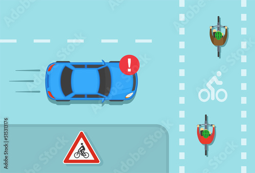 Safe driving tips and traffic regulation rules. "Cyclist ahead" warning sign. Cyclists crossing road junction on a bike lane. Flat vector illustration template.