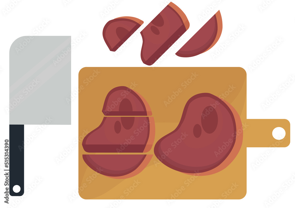 illustration of beef being cut into pieces on a cutting board and a butcher knife beside it