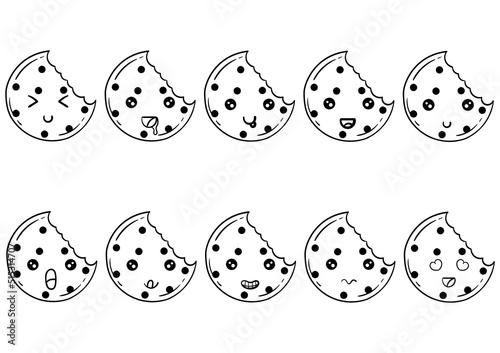 hand drawn collection of kawai cookies with facial characters, on a white background
