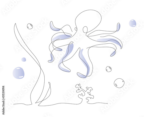 One line octopus illustration. Sea life line art vector. Cute fish outline