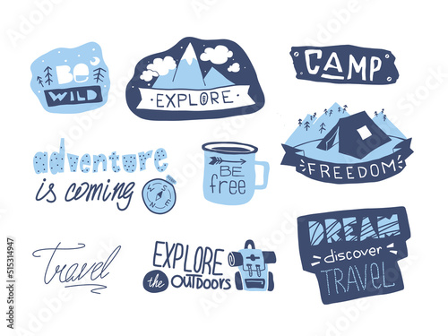 Wild adventure sticker. Flat hiking emblem. Mountains lettering sign. Explore and adventure vector set. photo