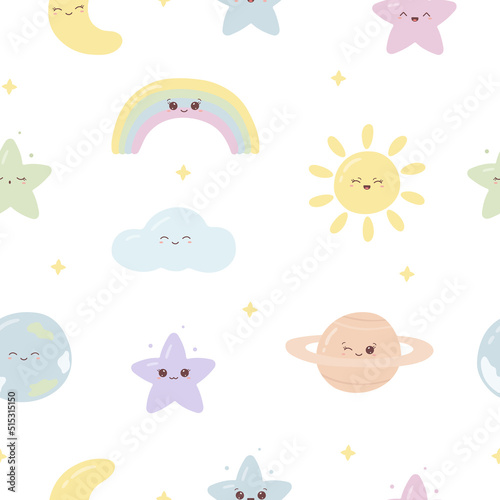 Kawaii seamless pattern with funny planets, stars, rainbow, sun, moon and cloud. Сute print for phone case, backgrounds, fashion, wrapping paper and textile. Vector Illustration