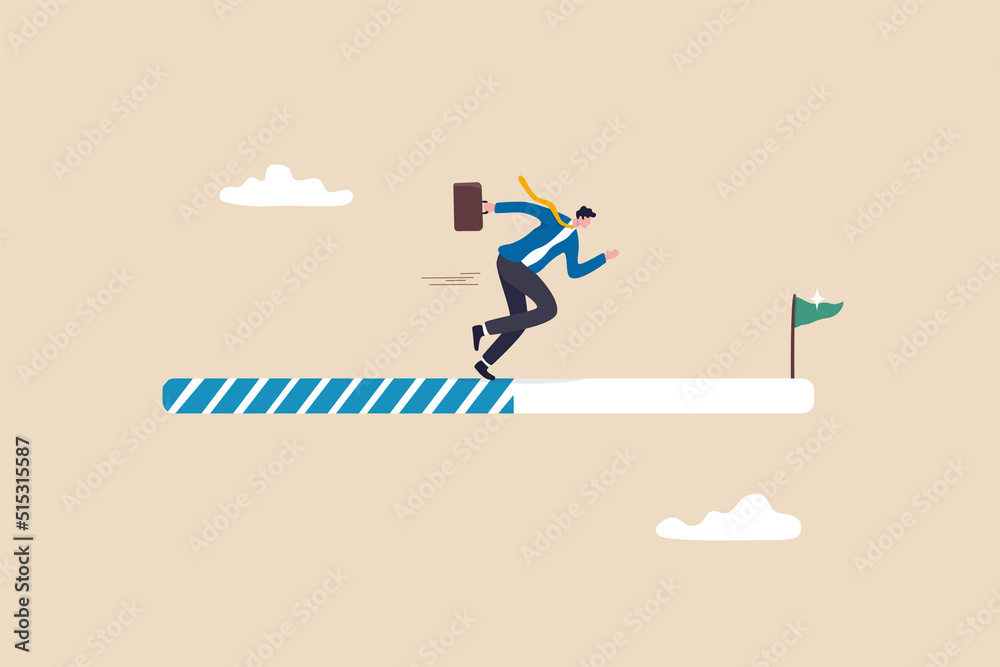 Progress or journey to success or achieve goal, business step or career path, mission or challenge to succeed, improvement concept, ambitious businessman run on progress bar to achieve success flag.