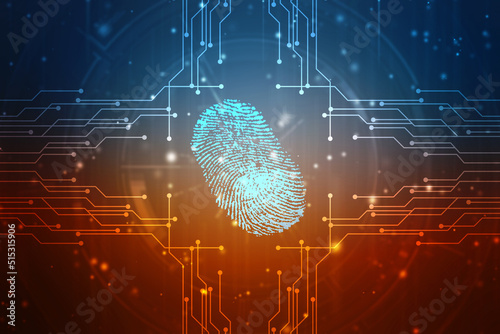 Abstract security system concept with fingerprint on technology background  Fingerprint Scanning Identification System. Biometric Authorization and Business Security Concept