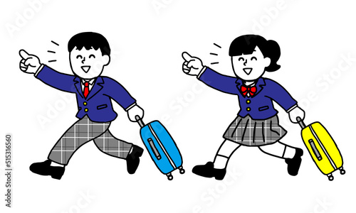 キャリーケースを持って移動する修学旅行ブレザー男子女子学生