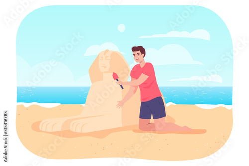 Happy man making sphinx out of sand on beach. Cartoon sculptor sculpting mythological creature flat vector illustration. Summer, Egypt, traveling concept for banner, website design or landing web page