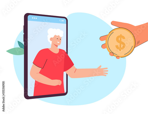 Hand giving gold coin to old woman coming out of phone screen. Female senior getting money via internet flat vector illustration. Charity, elderly care concept for banner or landing web page