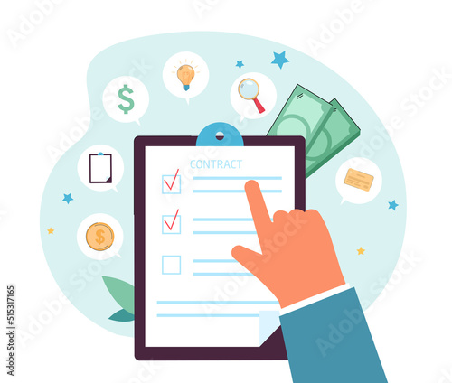 Hand of employer or employee and contract with checkboxes. Person signing agreement or checking requirements for job flat vector illustration. Job search, human resources, career concept for banner photo