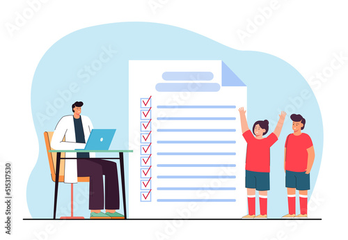 Kids getting approval of doctor for physical education lessons. Medical card with checkboxes, happy children in sports uniform flat vector illustration. Education, health, fitness concept for banner