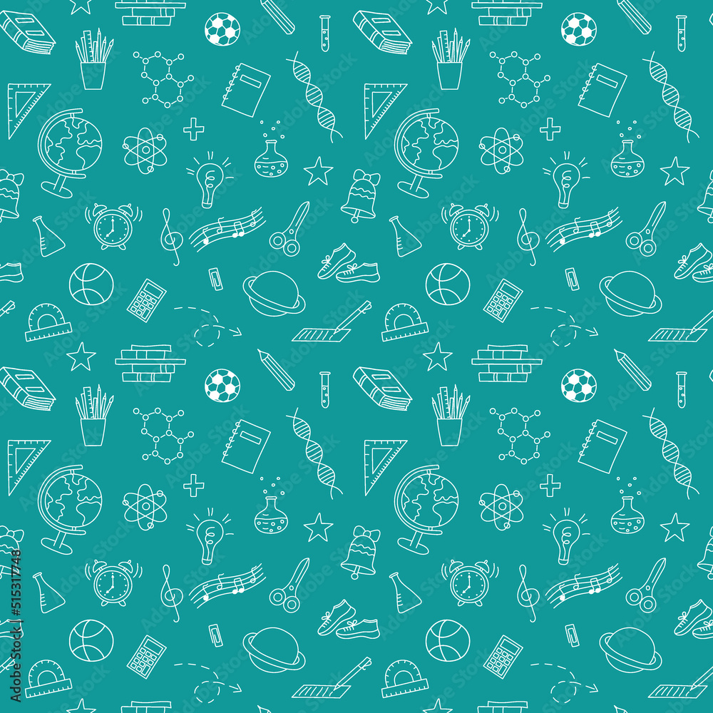School outline pattern. Hand drawn doodle elements. School seamless green background as chalkboard. Vector illustration School outline pattern. Hand drawn doodle elements. School seamless green background as chalkboard. Vector illustration