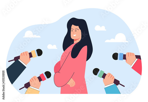 Hands pointing microphones at female politician or celebrity. Journalists asking woman questions flat vector illustration. Journalism, fame, media or press concept for website design or landing page