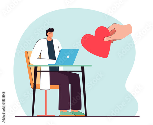 Hand giving comic heart to doctor sitting at table with laptop. Sponsor or volunteer helping hospital flat vector illustration. Medicine, healthcare charity concept for banner, website design