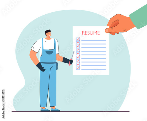 Tiny technician or electrician and hand holding perfect resume. Engineer searching for job flat vector illustration. Maintenance, employment, recruitment concept for banner or landing web page