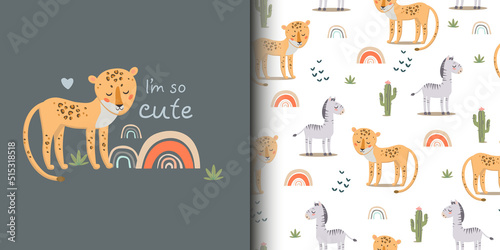 A set of illustrations. Seamless patterns with cute leopards and zebras.Pattern with animals of Africa. Children's jewelry and textiles. Vector drawing
Web