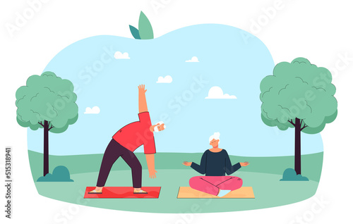 Elderly couple doing yoga exercises in park. Old cartoon man and woman in different yoga positions flat vector illustration. Wellness, healthy lifestyle, active aging concept for banner, landing page