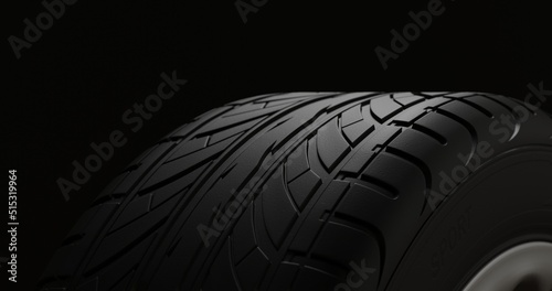 Car rim close up perspective view on a black background. Car tire macro. Wheel automobile. 3d Render