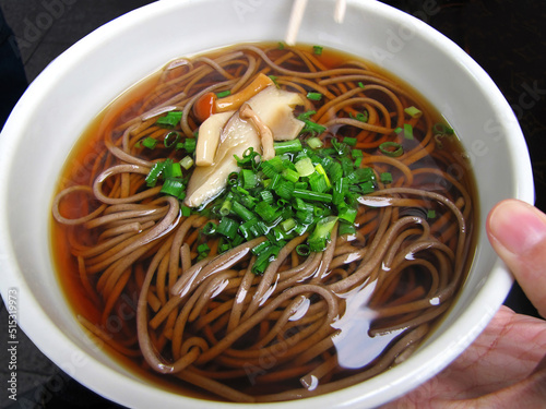 close-up Japanese hot soup buckweed noodle shoyu soba local menu in japan photo