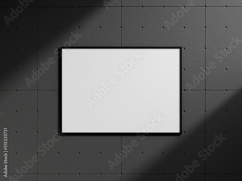 Fototapeta Naklejka Na Ścianę i Meble -  Clean and minimalist front view landscape black photo or poster frame mockup hanging on the industrial brick wall with shadow. 3d rendering.