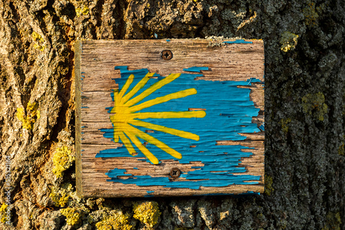 Wooden sign with old waymarking of the Way of St. James section near Höxter, Germany, the blue and yellow colour of the scallop shell is already peeling off photo