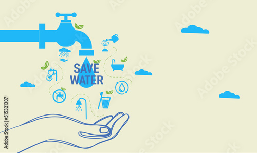concept of water saving tips icon infographic. Save water, save earth and go green, environment protection campaign concept. on the blue background.	

