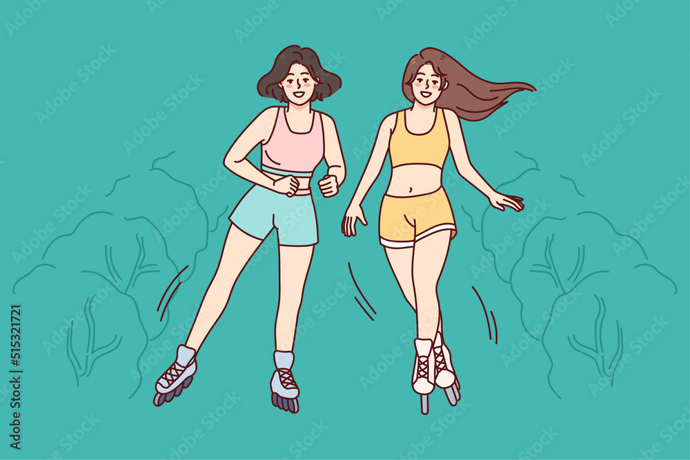 Happy girls in summer wear riding in park on rollers. Smiling women roller skaters have fun relax outdoors. Flat vector illustration. 