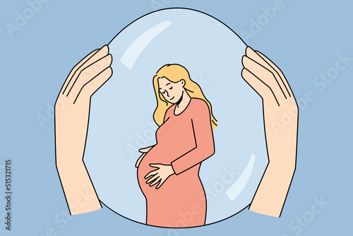 Hands holding pregnant woman in safety bubble. Female with belly protected from society. Motherhood and pregnancy concept. Vector illustration. 