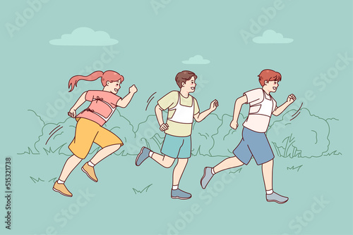 Happy children running outdoors on marathon. Smiling kids jog participate in run competition. Sport challenge concept. Vector illustration. 