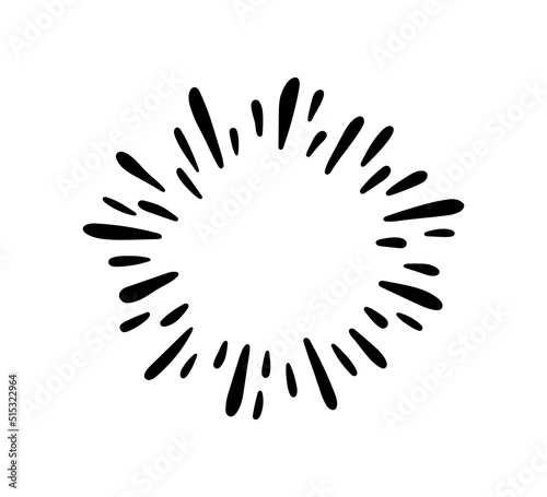Hand drawn firework. Star burst. Sunburst doodle icon. Hand drawn explosion frame. Sparkle with radial lines. Explosion vintage effect. Vector illustration isolated on white background.