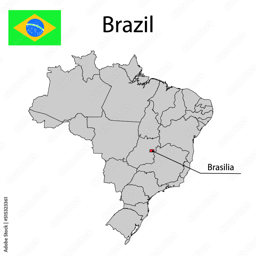 Map with borders and flag of Brazil.