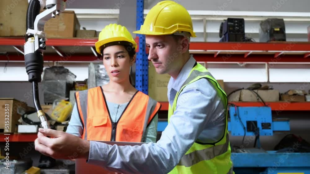Male and Female engineers Inspecting the welding robot recently installed to achieve complete, accurate, fast and highly secure work. Male and Female engineers Inspecting the welding robot recently installed to achieve complete, accurate, fast and highly secure work.
