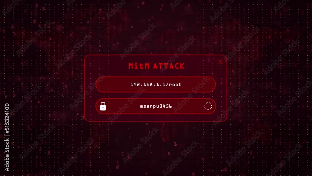 MitM Computer Hacking attack over red binary background with digital world map. MITM system password hacking concept.