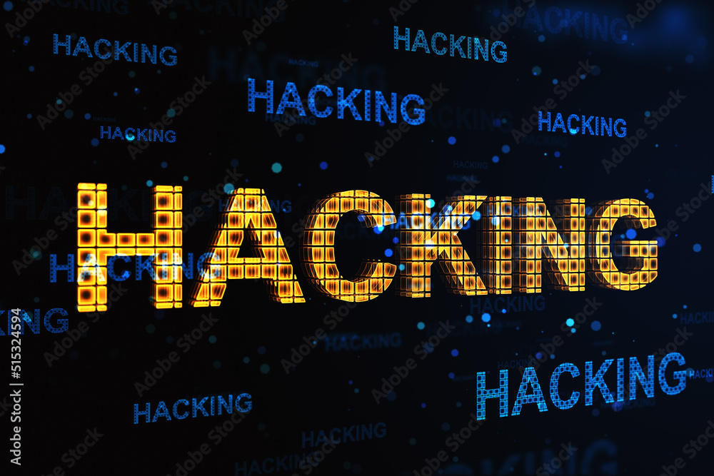 Obraz premium Cyber attack and hacking concept with perspective view on digital hacking word on abstract dark technological background. 3D rendering