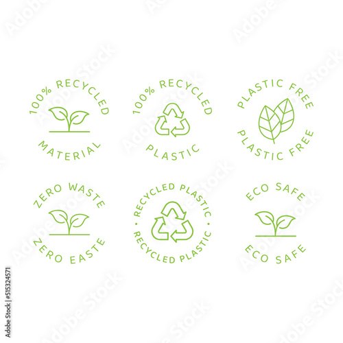 Eco safe, zero waste and recycled material. Vector label set, plastic free, eco friendly with leaf cycle.