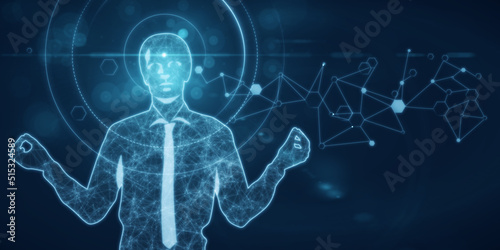Abstract polygonal businessman meditating on blue background. Low poly, technology, ai, future and digital transformation concept. 3D Rendering.