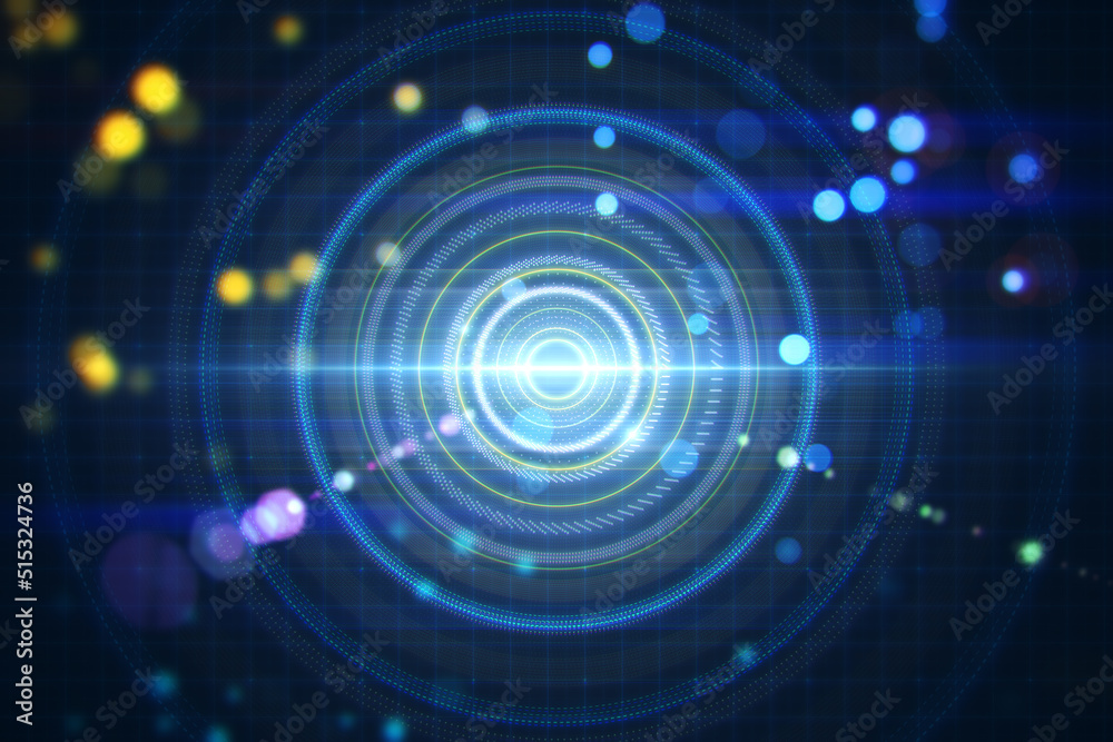 Creative blurry dark lens or round interface backdrop with grid and blurry bokeh circles. Space, sci fi and flare concept. 3D Rendering. Creative blurry dark lens or round interface backdrop with grid and blurry bokeh circles. Space, sci fi and flare concept. 3D Rendering.