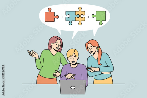 Diverse people working on computer together solving business problem. Team cooperate on laptop find solution brainstorm at meeting. Teamwork concept. Vector illustration. 