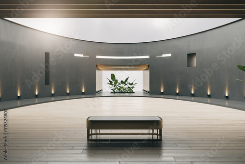 Clean spacious round exhibition hall interior with decorative plants in pots and wooden parquet flooring. 3D Rendering.