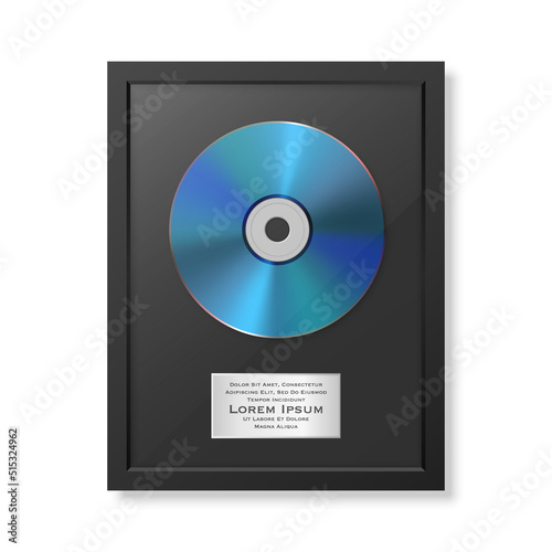 Realistic Vector 3d Blue CD and Label with Black Frame Isolated. Single Album Compact Disc Award, Limited Edition. Design Template