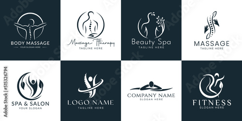 Set of Spa element Hand Drawn Logo with body and Leaves. Logo for spa and beauty salon, boutique, massage therapy, organic shop, relaxation, woman body, interior, yoga, cosmetics, jewelry store