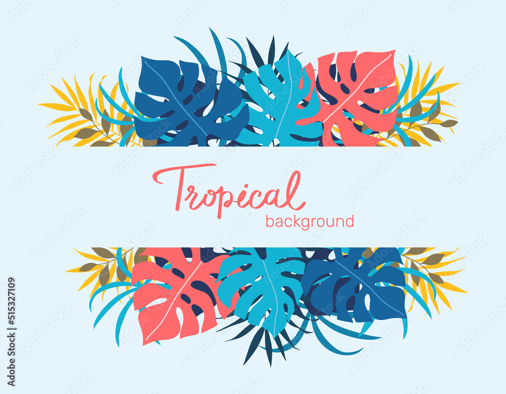 Colorful tropical leaves, foliage plant with frame nature, Template with place for text, lettering. Vector design illustration.