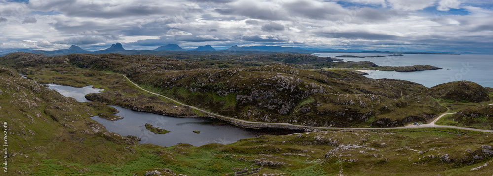 panorama landscape on the North Coast 500 scenic drive in the Scottish Higlands near Lochniver