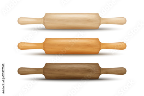 Vector 3d Realistic Textured Brown Wooden Rolling Pin Icon Set Isolated. Kitchen Dough Roller, Design Template of Dough Rolling Pin for Bakery. Different Size. Front, Side View