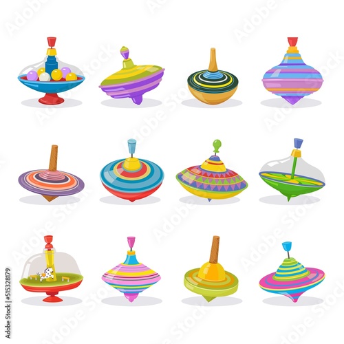 spinning top. colored twirl spinning children toys isolated on white background. Vector illustrations set