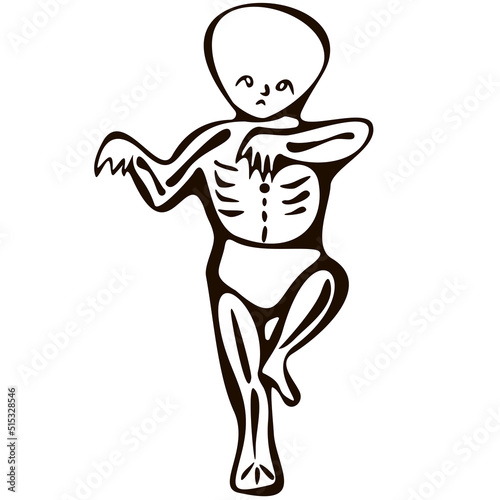 Children baby in Halloween skeleton costumes. a small child in a cute skeleton costume sad standing on one leg. funny cute baby cartoons. Vector illustration