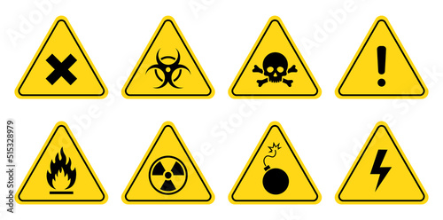 Danger, warning sign icon set. Poison, toxic, biohazard caution sign. Skull, chemical danger yellow triangle symbol element. Vector illustration photo