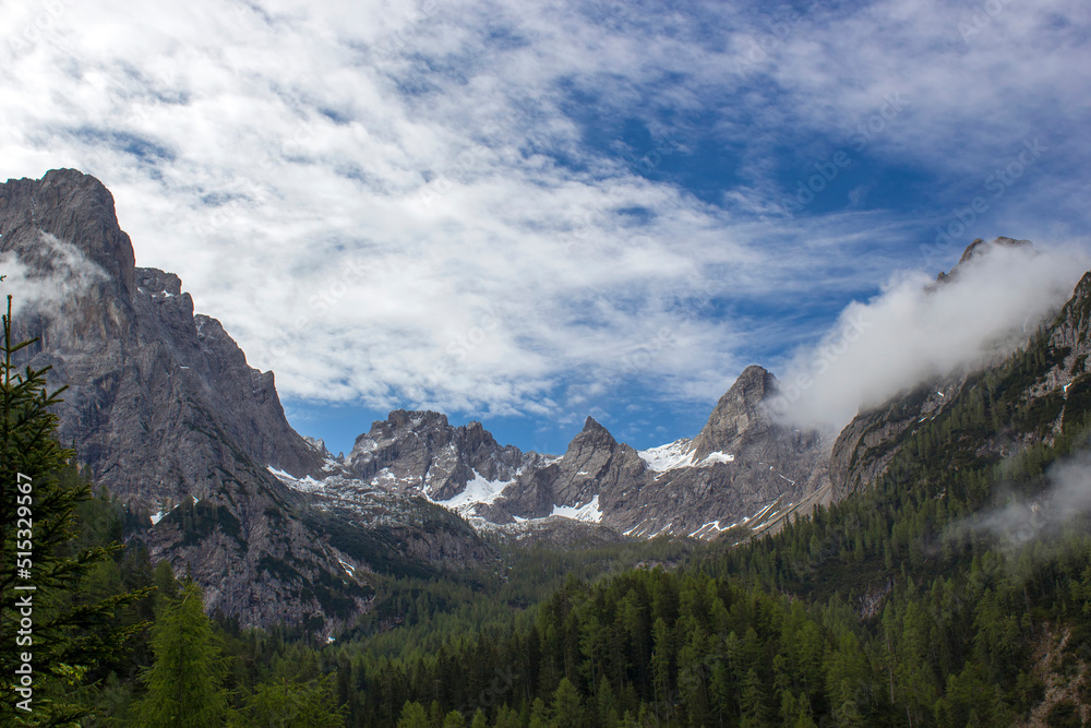 Landscape of Lienz Dolomites in Austria. Panorama of massive Alpine mountains.